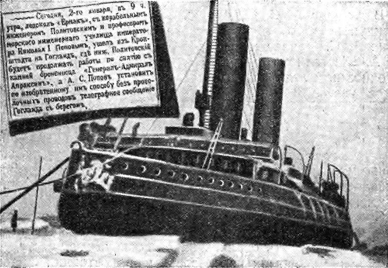 Ледокол „Ермак“. Налево — вырезка из газеты 1900 г.